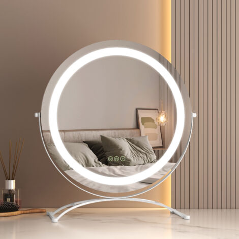 EMKE Hollywood Vanity Mirror 360° Rotation Dressing Table LED Mirror with Touch, 3 Color Lighting Tabletop Cosmetic Mirror, White ф50cm