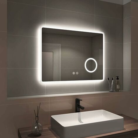 EMKE Backlit Illuminated Bluetooth Bathroom Mirror with Shaver Socket Wall Mounted LED Bathroom Vanity Mirror, Anti Fog, 3-Fold Magnification, 800x600mm