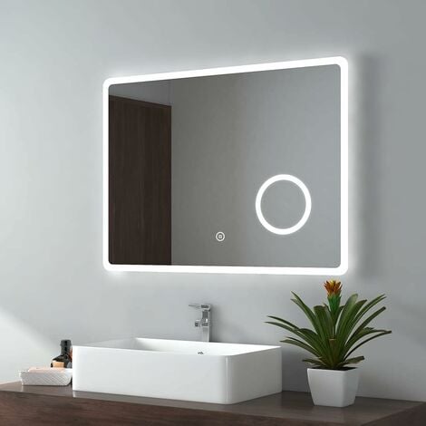 EMKE Bathroom Mirror with Shaver Socket Backlit LED Illuminated Bathroom Mirror with Demister, 3X Magnify Makeup Touch Mirror, 800x600mm