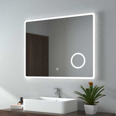 EMKE Bathroom Mirror with Shaver Socket Backlit LED Illuminated Bathroom Mirror with Demister, 3X Magnify Makeup Touch Mirror, 900x700mm