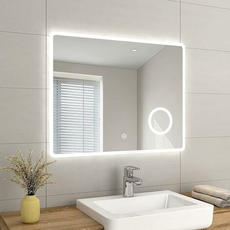 EMKE Backlit Illuminated Bathroom Mirror with Shaver Socket Wall Mounted Multifunction LED Bathroom Vanity Mirror with Touch Switch, Demister Pad and 3x Magnifier, 900x700 mm, [Horizontal]