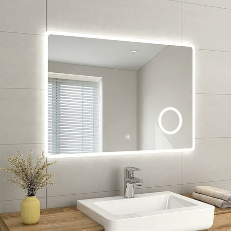 EMKE Backlit Illuminated Bathroom Mirror with Shaver Socket Wall Mounted Multifunction LED Bathroom Vanity Mirror with Touch Switch, Demister Pad and 3x Magnifier, 1000x700 mm, [Horizontal]