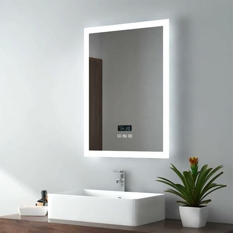 EMKE Backlit Illuminated Bluetooth Bathroom Mirror with Shaver Socket,  500x700mm Bathroom Mirror with Demister, Clock, 3 Color