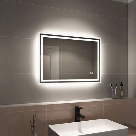 EMKE 500X700 mm LED Illuminated Bathroom Mirror with Lights and Demister Pad, Wall Mounted Touch ...