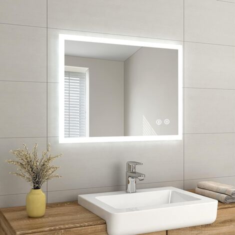 EMKE Backlit Illuminated Bluetooth Bathroom Mirror with Shaver Socket, Wall Mounted Multifunction Vanity Mirror with LED Lights and Demister, Fuse, 80x60cm