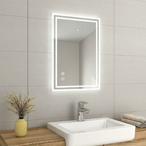 EMKE Backlit Illuminated Bluetooth Bathroom Mirror with Shaver Socket, Wall Mounted Multifunction Vanity Mirror with LED Lights and Demister, Fuse, 500x700mm