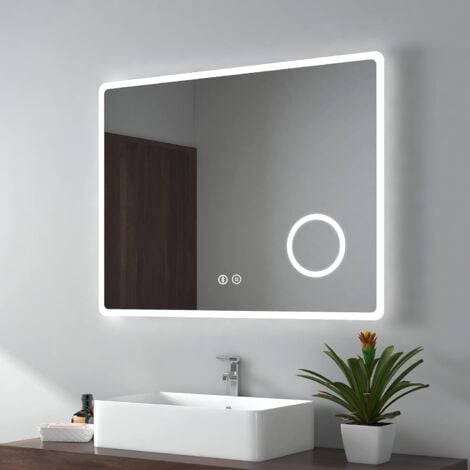 EMKE LED Bathroom Mirror Illuminated Wall Bluetooth Mirror Touch Switch, Demister Pad, Shaver Socket, 3X Magnifying Mirror, Horizontal, 900x700mm