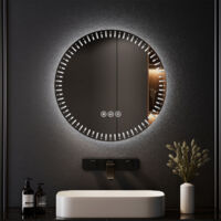 EMKE 60cm Round Bathroom LED Mirror with 3 Light Dimmable Colors Illuminated Circle Mirror with Demister