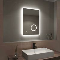 EMKE LED Bathroom Mirror Illuminated Wall Mirror Touch Switch + Demister Pad + Shaver Socket + 3X Magnifying Mirror, 500 x 700mm, Vertical