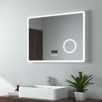 EMKE Bluetooth Bathroom Mirror with LED Lights 800 x 600mm, Bathroom Bluetooth Mirror with Demister, Dimming, 3x Magnifier