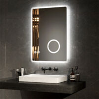 EMKE LED Bathroom Mirror Bluetooth Bathroom Mirror with Shaver Socket Dimmable Backlit Cosmetic Mirror with Demister, 3X Magnifier, 500x700mm