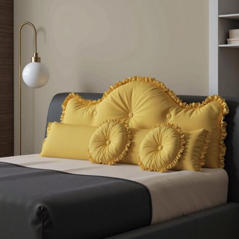 VERCART Kissen Bett Rückenkissen, Lesekissen für Bett und Sofa mit Nackenkissen und 2 runden Kissen, Gelb, 140cm