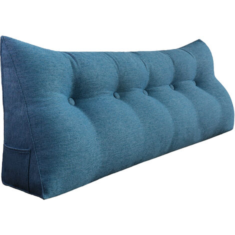 VERCART Großes Bettruhe Keilkissen, Lang Lesekissen, Dekoratives Kopfteilkissen, Dreieckiges Rückenkissen, Loungekissen für Tagesbett oder Couch, Leinenmischung Blau, 160cm