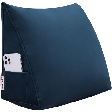 VERCART Keil Lesekissen für Kinder, Bettruhe Rückenkissen, Dekoratives Kopfteilkissen, Dreieckiges Positionierungs Körperkissen für Tagesbett oder Couch, Samt Blau, 45cm