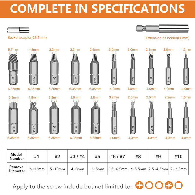 22 piezas Extractor de tornillos para tornillos rotos Drillpro HSS