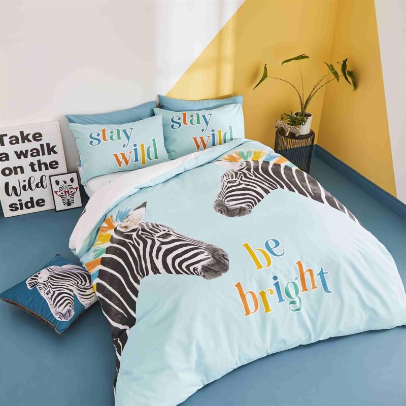 Catherine Lansfield Stay Wild Zebra Blue Bedding Double Duvet Set