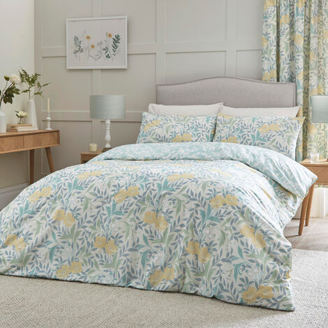 Dreams & Drapes Sandringham Floral Print Reversible Easy Care Duvet Cover  Set, Duck Egg, Double