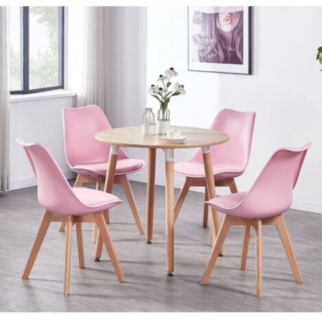 Rundes Esszimmerset „Halo Lorenzo“ – ein Esstisch aus Eichenholz und ein Set mit 4 rosa Esszimmerstühlen aus Polypropylen – Esszimmerküche