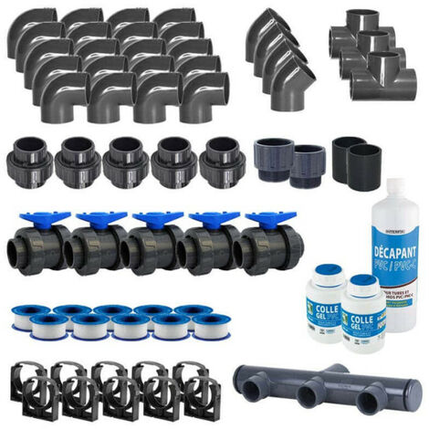 Interplast – Kit complet de pièces à sceller de piscine diamètre 50 mm – 1 collecteur 3 voies, 5 vannes, 20 coudes, 10 colliers de fixation