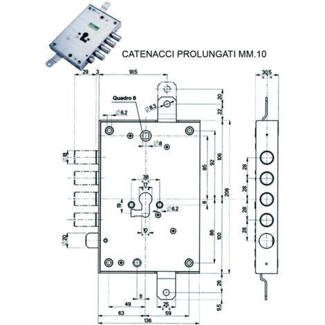 SERRATURA TRIPLICE APPLICARE SCROCCO CILINDRO EUROPEO 85571/28 CATENACCCIO + 10 MOTTURA