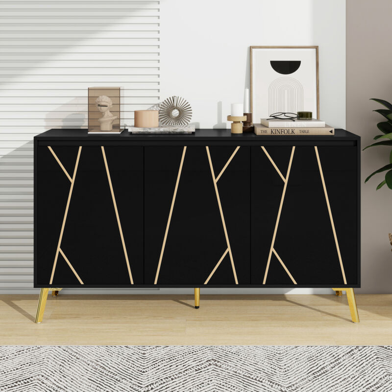 Buffet Salon FOERPL 4 Portes - 120x80cm - Étagères Réglables - Style Moderne Noir - Rangement Pratique