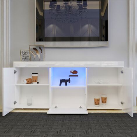 Meuble TV Brillant Élégant avec LED - Meuble Télé 6 Compartiments de rangement - Buffet Robuste - 135 x 33.5 x 70 cm - Blanc