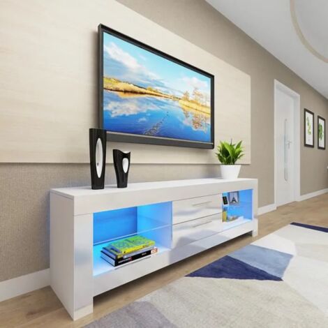 Meuble TV Moderne Blanc avec LED Lumineuse - Etagère en verre 2 Tiroirs - Buffet Bas Rangement Salon Chambre 130x35x50cm