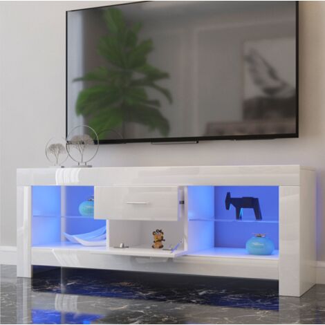 Meuble TV Moderne Blanc avec LED Lumineuse - Etagère en verre 2 Tiroirs - Buffet Bas Rangement Salon Chambre 130x35x50cm