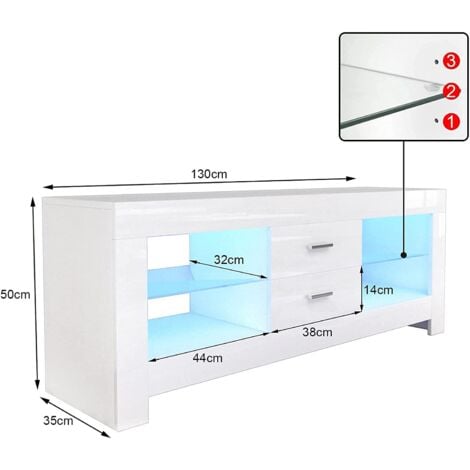 Meuble TV Moderne Blanc avec LED Lumineuse - Etagère en verre 2 Tiroirs - Buffet Bas Rangement Salon Chambre 130x35x50cm