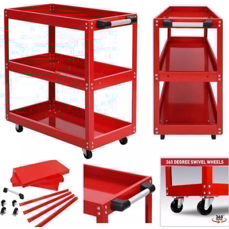 Chariot servante d’Atelier 3 étages, Chariot à Outil Acier, Espace de rangement Jusqu’à 60 kg, Rouge