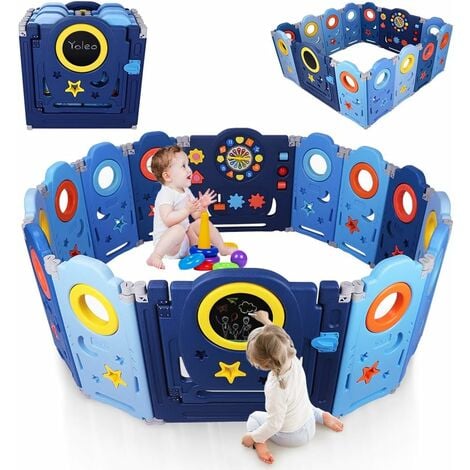Costway 8 pcs parc bébé pliable, barrière de sécurité, parc en  plastique,porte et jouet extensible pour enfant de 6 à 36 mois,157x157x63cm  bleu+jaune - Conforama