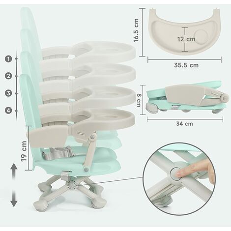 Chaise Enfant Pliable, Chaise Haute Bébé Portable, Rehausseur Siège Bébé, Chaise Repas en Hauteur Réglable, Plateau Amovible, 6 mois à 3 ans, Vert