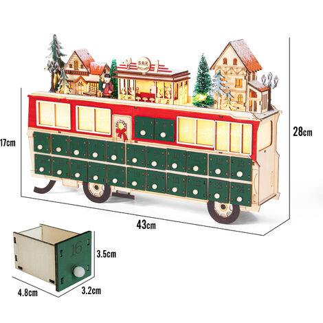 Calendario de Adviento de cuenta regresiva de Navidad de 24 días, con luces LED, Reutilizable decoración de Navidad, 43 x 8,5 x 28 cm