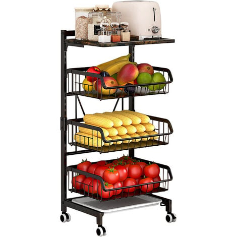 Carrito verdulero de cocina metálico con ruedas, 4 niveles, estantería para  almacenamiento de frutas, verduras, gris