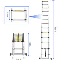 3,8m Escalera Telescópicaescalera Plegable, Escaleras de Aluminio con Barra Estabilizadora, 13 Peldaños Escaleras Escamoteables Carga Máxima 150 kg
