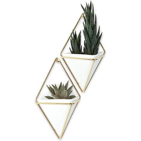Small Hanging Planter and Geometric Wall Decor Concrete Container - Great for Succulents, Air Plants, Mini Cacti, Artificial Plants and More, Set of 2, Small, White/Bronze