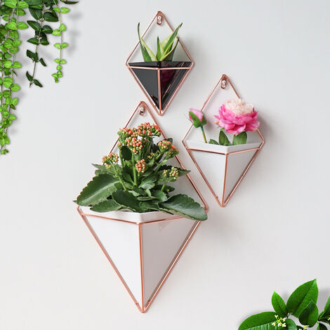 Hanging Planter Vase and Geometric Wall Decorative Concrete Containers - Great for Succulents, Air Plants, Mini Cacti, Artificial Plants and More, Set of 3, Small, Concrete/Rose Gold+White, Small+Medium+Large