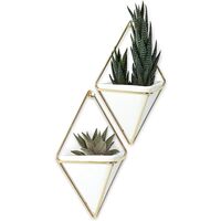 Medium Hanging Planter and Geometric Wall Decor Concrete Container - Great for Succulents, Air Plants, Mini Cacti, Artificial Plants and More, Set of 2, Small, White/Bronze