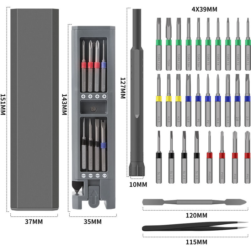 Juego de destornilladores de precisión 31 en 1 herramientas de reparación de gafas de desmontaje súper duras de Japón para el hogar multifuncional - aleación de aluminio, tratamiento de superficie, limpieza con chorro de arena de oxidación