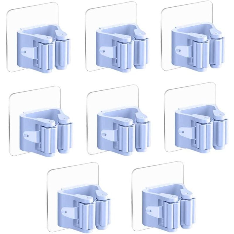 8pc Colgador Escoba Pared, Adhesivos Soporte Fregonas sin Perforar, Ajustable Colgador de Escobas, Organizador para Herraminetas Limpias en Hogar Restaurante Cocina Baño e garaje(Azul)