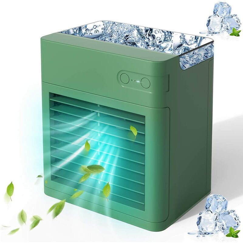 Mini Enfriador de Aire, Enfriador de Aire portátil con humidificador, Carga USB, 3 velocidades ajustables & 7 colores luces LED,Para el hogar, dormitorio, oficina, al aire libre (Verde)