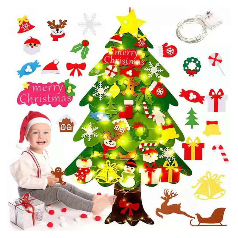 Juego de árbol de Navidad de fieltro Diy 32 Uds adornos desmontables, regalos de Navidad colgantes de pared para niños para decoraciones navideñas