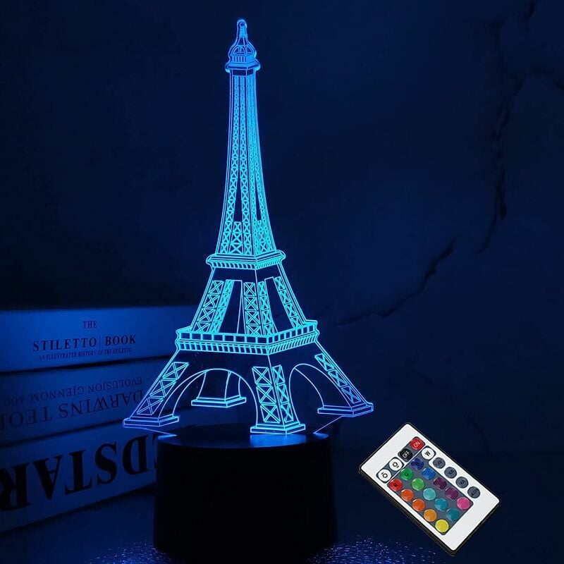 Torre Eiffel Luz nocturna Lámpara de ilusión 3D Decoración visual de dormitorio Lámpara LED con control remoto 16 Cambio de color Estilo de moda de París Regalos de acrílico para cumpleaños de Navidad