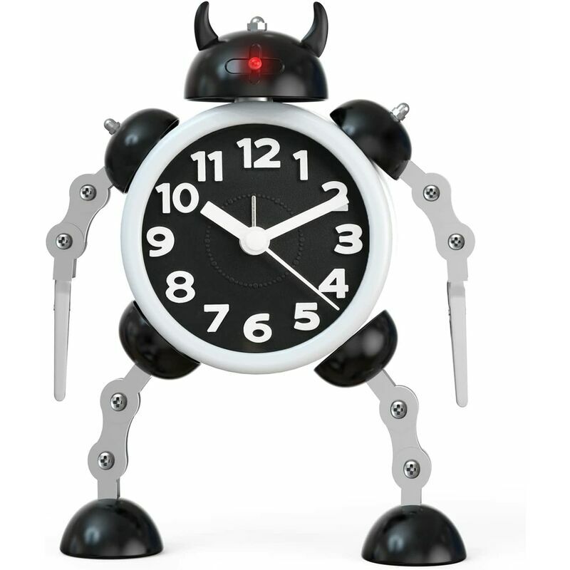 Reloj despertador para niños, reloj despertador robot para niños, reloj despertador analógico, reloj despertador silencioso sin verificación para niños, niñas y niños (negro)