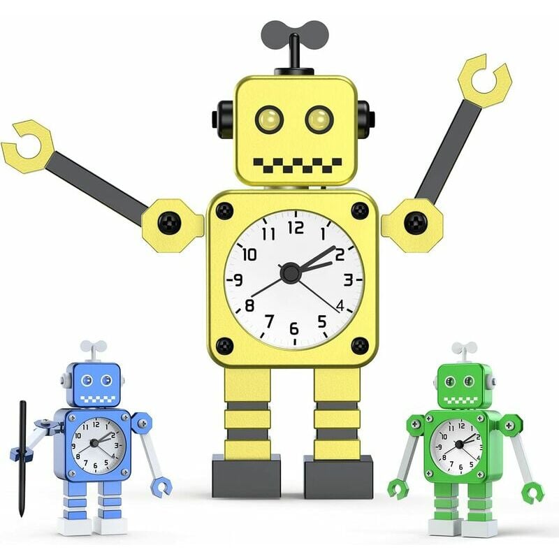 Reloj despertador para niños, reloj despertador robot para niños, reloj despertador analógico, reloj despertador silencioso sin verificación para niños, niñas y niños (amarillo 2772)