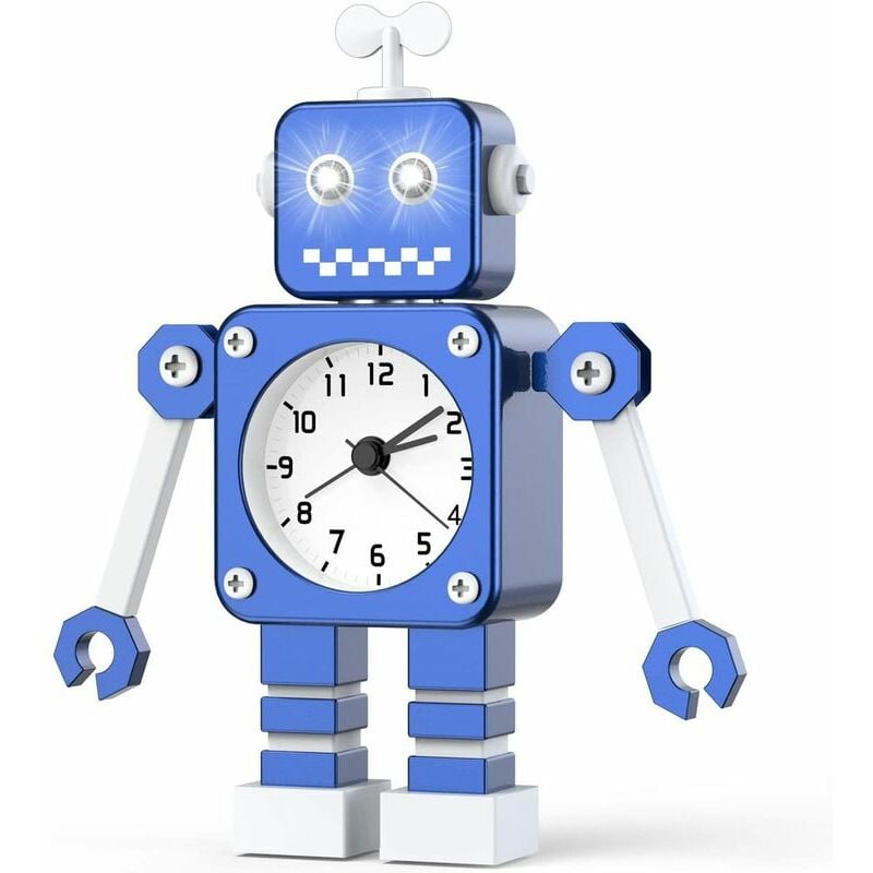 Reloj despertador para niños, reloj despertador robot para niños, reloj despertador analógico, reloj despertador silencioso sin verificación para niños, niñas y niños (azul)