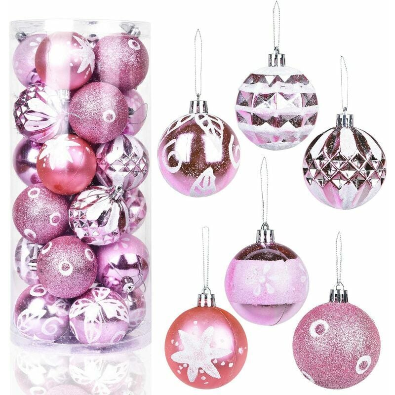 24 piezas de adornos navideños, adornos navideños de plástico rosa, bolas decorativas para colgar en el árbol de Navidad, adornos decorativos, colgantes, regalos para la decoración del árbol de Navida