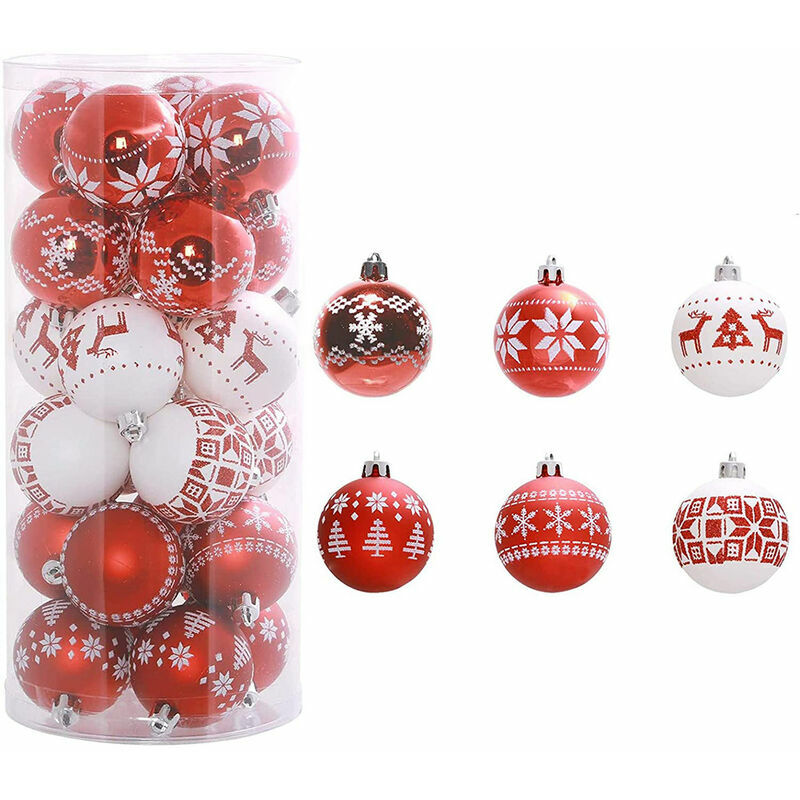 24 piezas de 6 cm de adornos para árboles de Navidad blancos y rojos, caja de bolas de Navidad de plástico inastillable con colgador, adornos decorativos colgantes de regalo