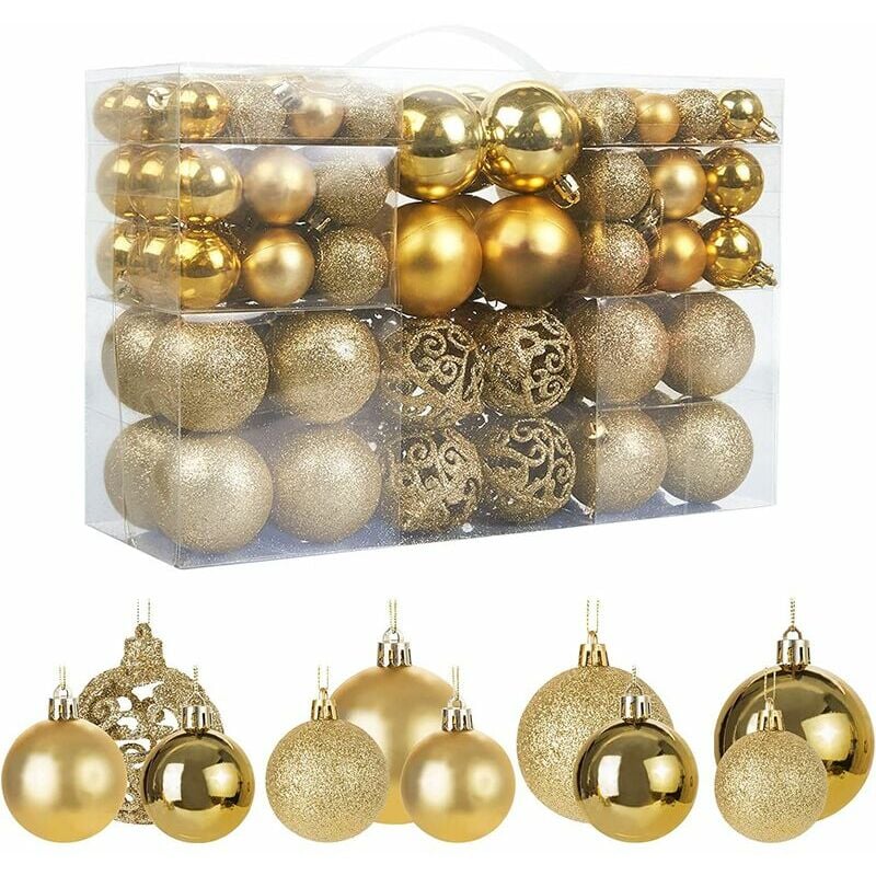 Set de 100 bolas de Navidad doradas para árbol de Navidad, adornos glitter, opacos, brillantes, Ø 3, 4 y 6 cm（Oro）