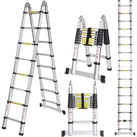 Tragbare und Faltbare Teleskopleiter Schwarz Aluminium Einziehbare Leiter, Belastung 150 Kg - 3,2m (1,6m + 1,6m)